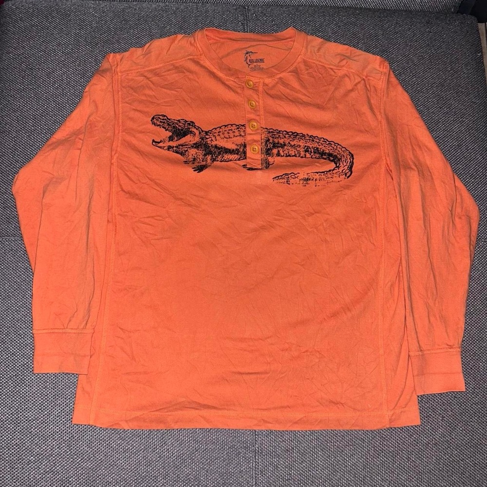 Vintage Y2K Big Alliagator Print Orange Henley Long Sleeve Shirt Large Over
